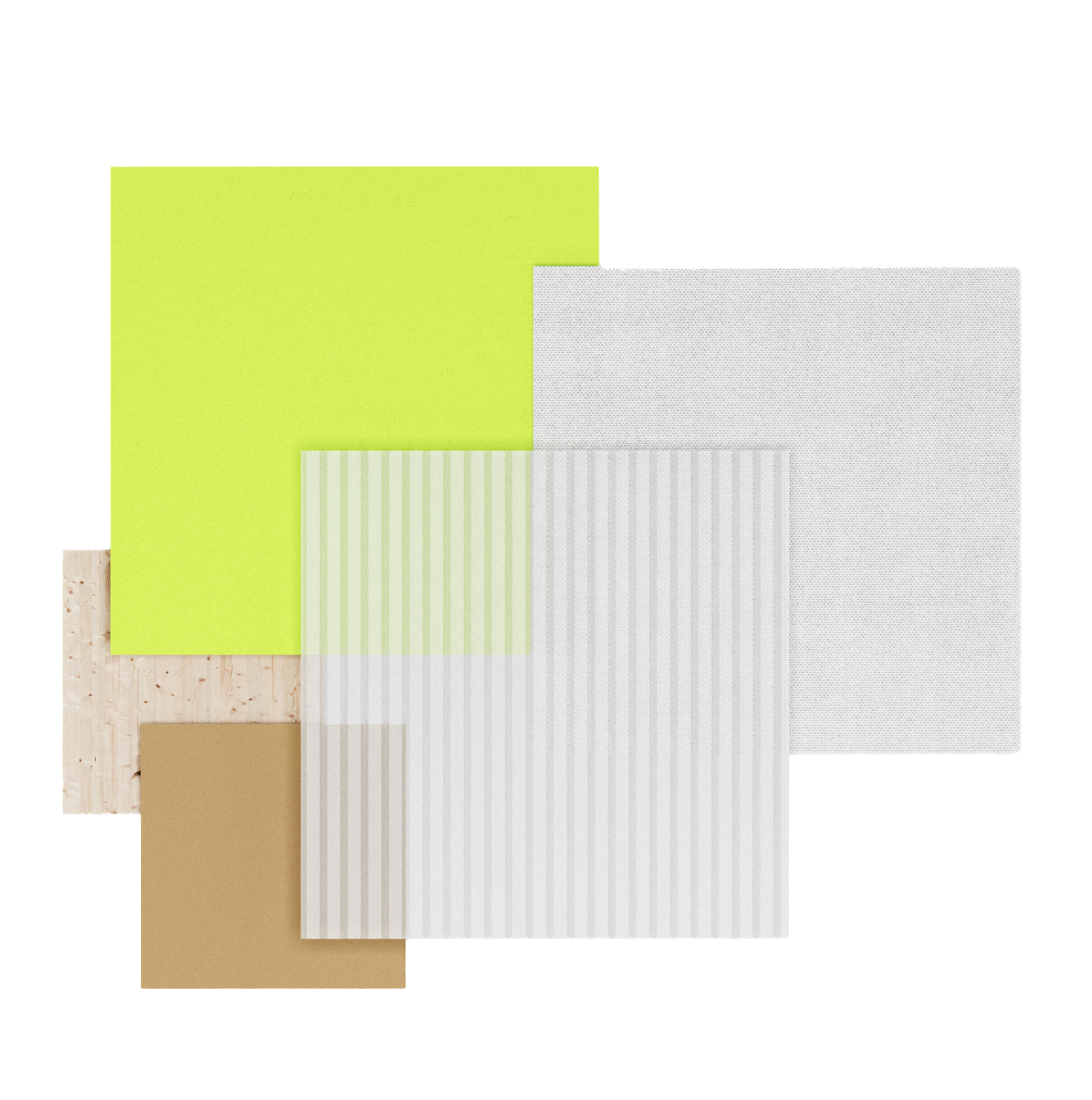 Material samples: light green panel, clear ribbed polycarbonate, white fabric, plywood and cardboard